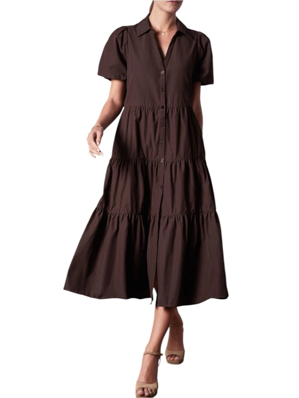 Brochu Walker Havana Midi Dress Java Brown Tiered Shirt Dress Puff Sleeve L